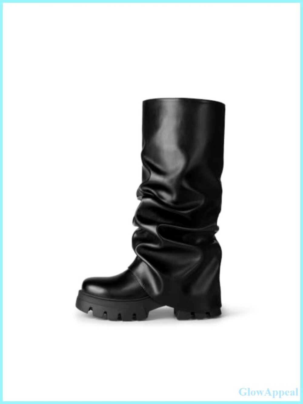 Slouchy Ruched Mid Calf Platform Boots Faux Leather Chunky Heel Pull On